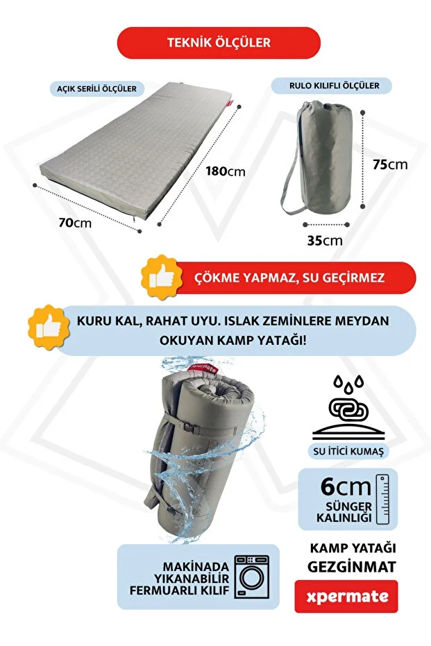 Gezginmat Kamp Yatağı Kamp Matı Fermuarlı Taşıma Çantalı Kamp Minderi Çadır Matı 70x180x6cm